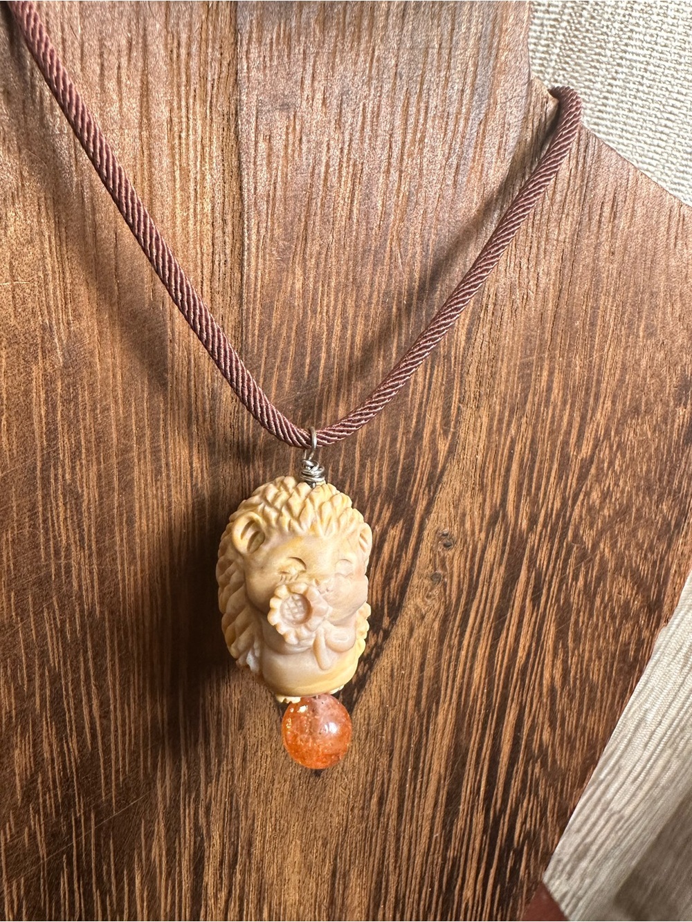 Alashan Agate Hedgehog Charm Pendant Necklace with Sunstone on Brown Rope - Picture 8 of 14